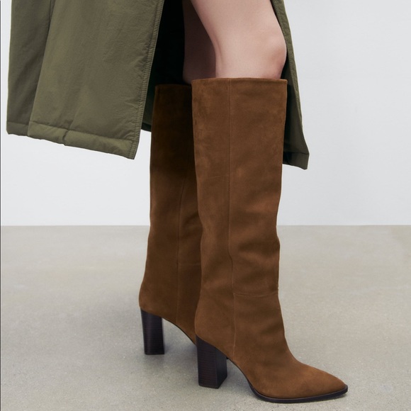ZARA HEELED SUEDE KNEE HIGH BOOTS BROWN - Picture 7 of 9